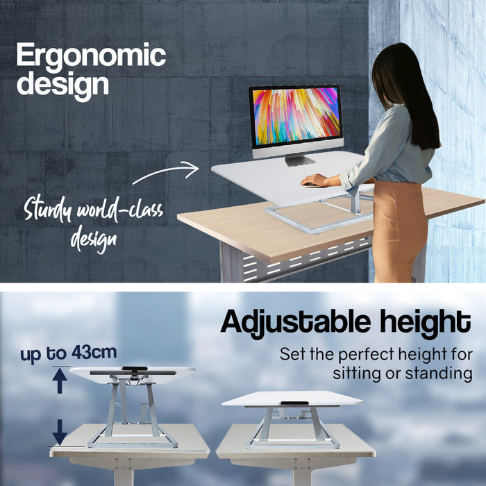 Desk Riser 74cm Wide Adjustable Sit to Stand for Dual Monitor, Keyboard, Laptop, White