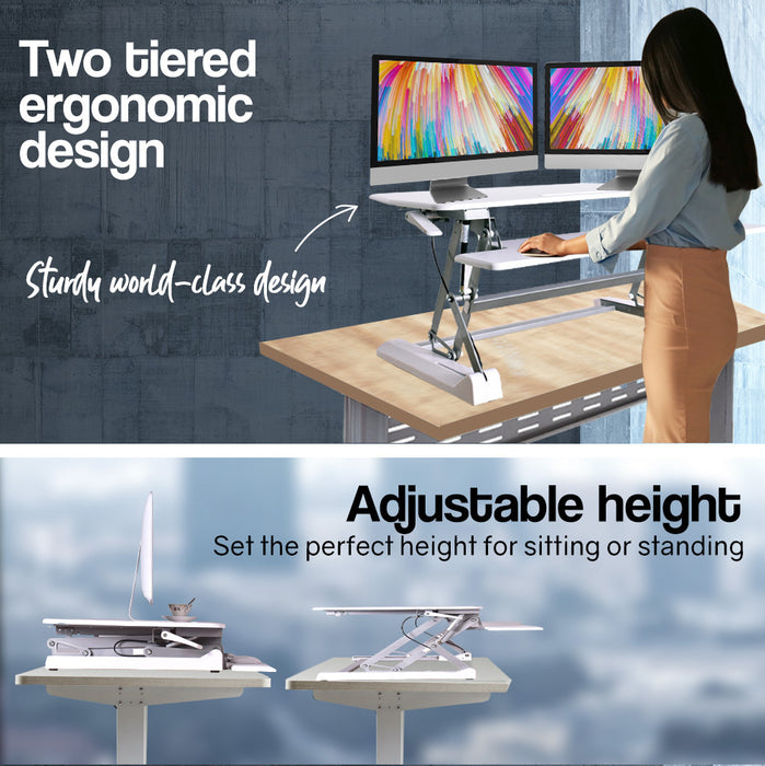 Desk Riser 90cm Wide Adjustable Sit to Stand for Dual Monitor, Keyboard, Laptop, White