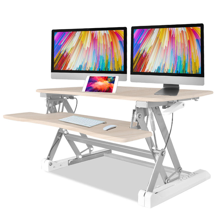 Desk Riser 90cm Wide Adjustable Sit to Stand for Dual Monitor, Keyboard, Laptop, Beech