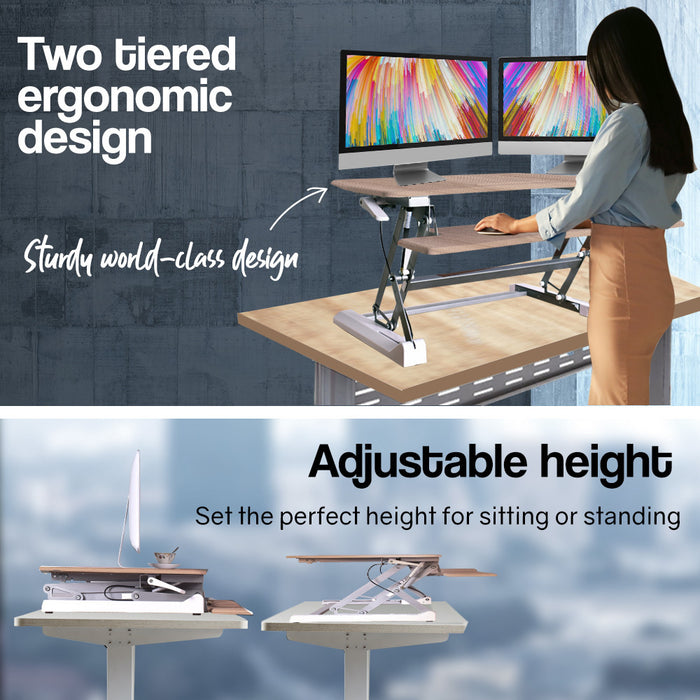 Desk Riser 90cm Wide Adjustable Sit to Stand for Dual Monitor, Keyboard, Laptop, Beech