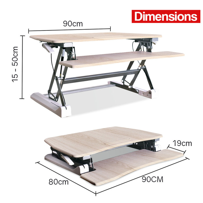 Desk Riser 90cm Wide Adjustable Sit to Stand for Dual Monitor, Keyboard, Laptop, Beech