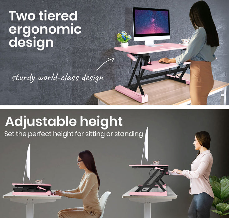 Desk Riser 90cm Wide Adjustable Sit to Stand for Dual Monitor, Keyboard, Laptop, Pink