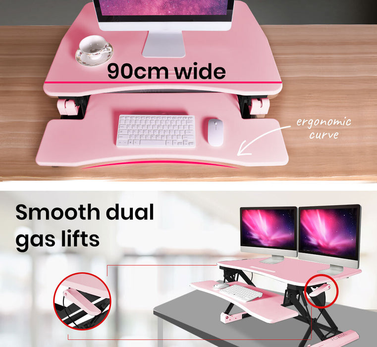 Desk Riser 90cm Wide Adjustable Sit to Stand for Dual Monitor, Keyboard, Laptop, Pink