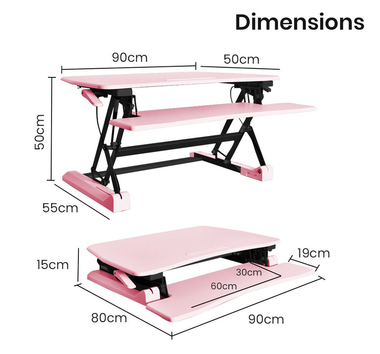 Desk Riser 90cm Wide Adjustable Sit to Stand for Dual Monitor, Keyboard, Laptop, Pink