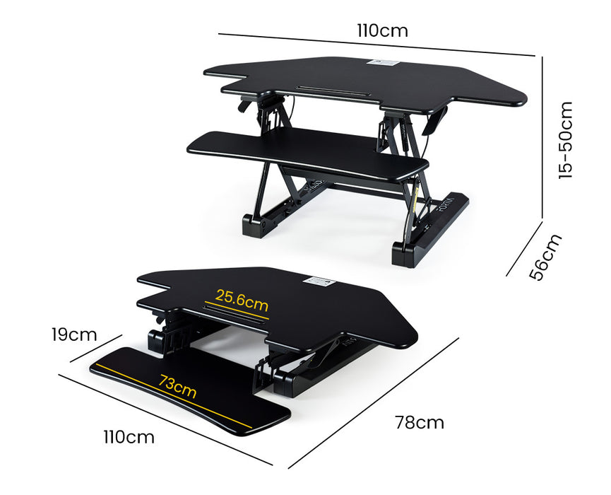 Corner Desk Riser 110cm Wide Adjustable Sit to Stand for Dual Monitor, Keyboard, Laptop, Black