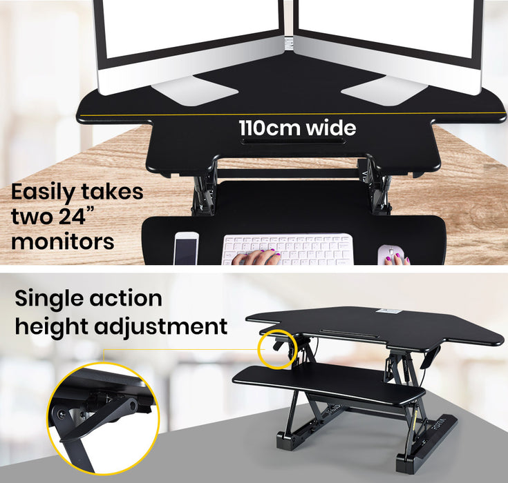 Corner Desk Riser 110cm Wide Adjustable Sit to Stand for Dual Monitor, Keyboard, Laptop, Black