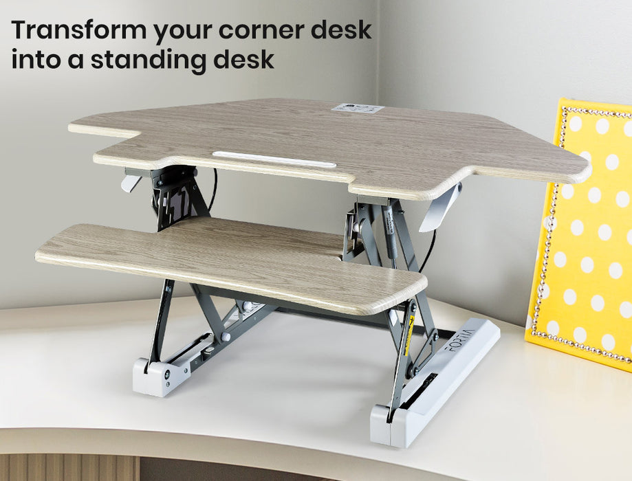 Corner Desk Riser 110cm Wide Adjustable Sit to Stand for Dual Monitor, Keyboard, Laptop, Beech