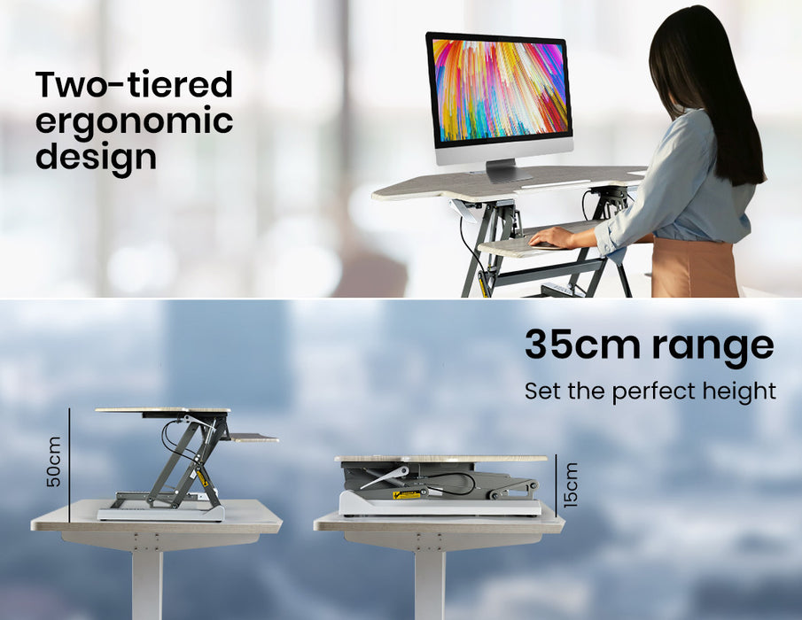 Corner Desk Riser 110cm Wide Adjustable Sit to Stand for Dual Monitor, Keyboard, Laptop, Beech