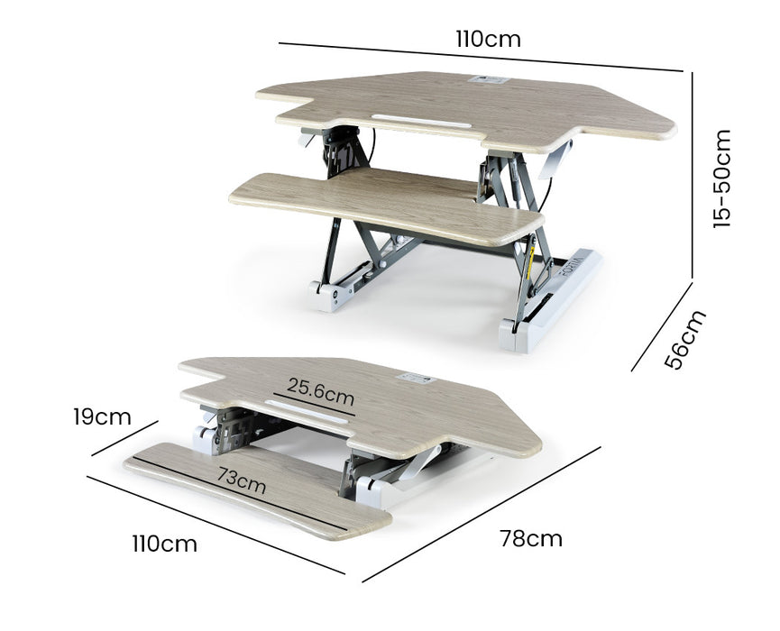 Corner Desk Riser 110cm Wide Adjustable Sit to Stand for Dual Monitor, Keyboard, Laptop, Beech