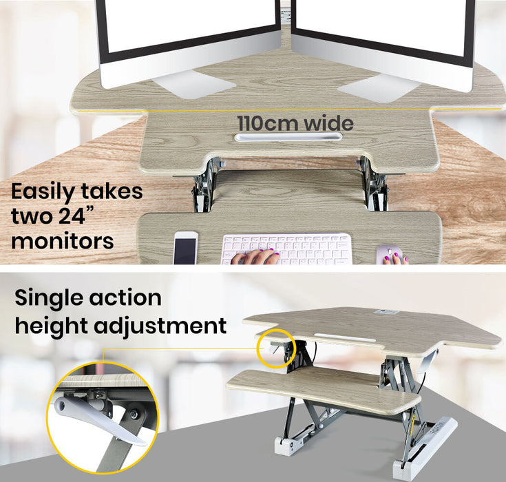 Corner Desk Riser 110cm Wide Adjustable Sit to Stand for Dual Monitor, Keyboard, Laptop, Beech