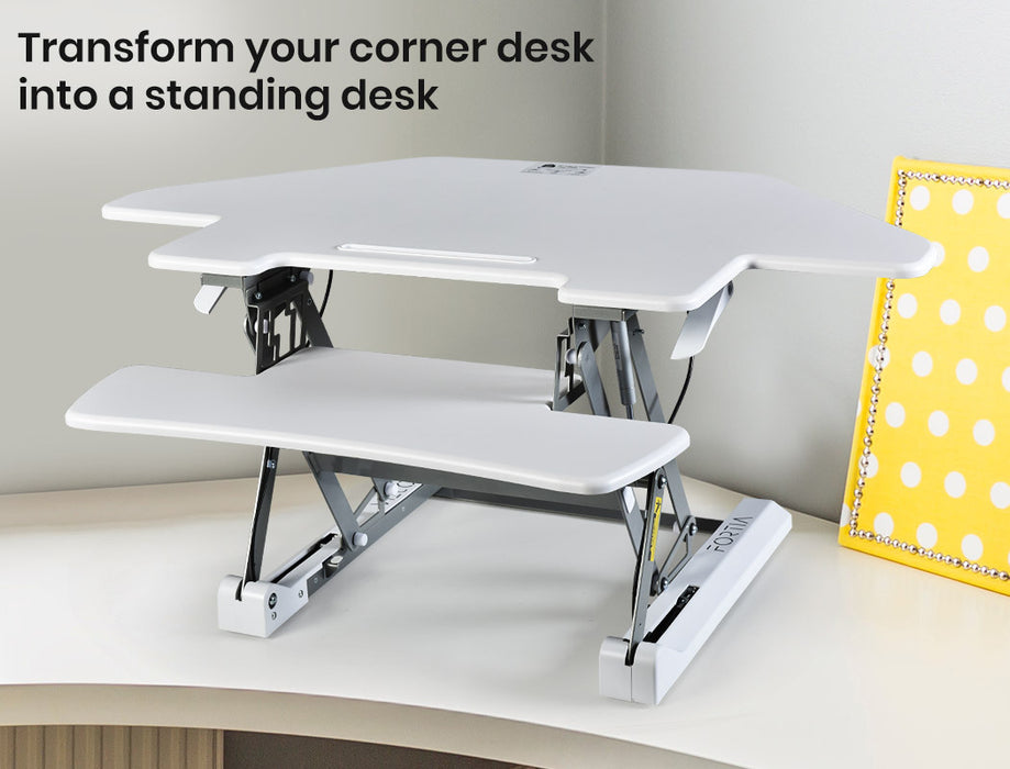 Corner Desk Riser 110cm Wide Adjustable Sit to Stand for Dual Monitor, Keyboard, Laptop, White