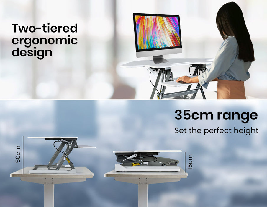 Corner Desk Riser 110cm Wide Adjustable Sit to Stand for Dual Monitor, Keyboard, Laptop, White