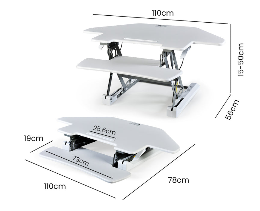 Corner Desk Riser 110cm Wide Adjustable Sit to Stand for Dual Monitor, Keyboard, Laptop, White