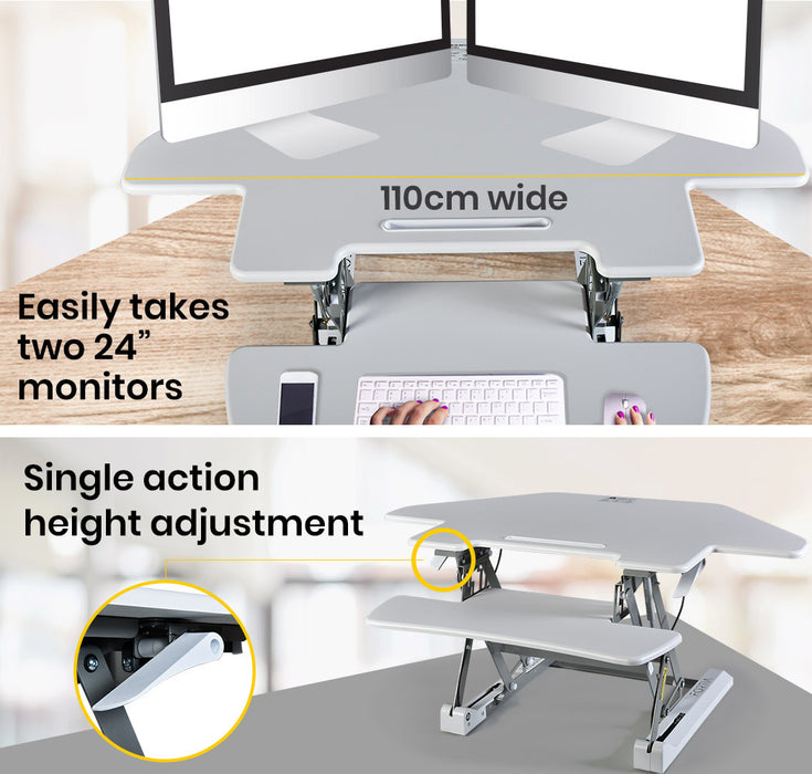 Corner Desk Riser 110cm Wide Adjustable Sit to Stand for Dual Monitor, Keyboard, Laptop, White