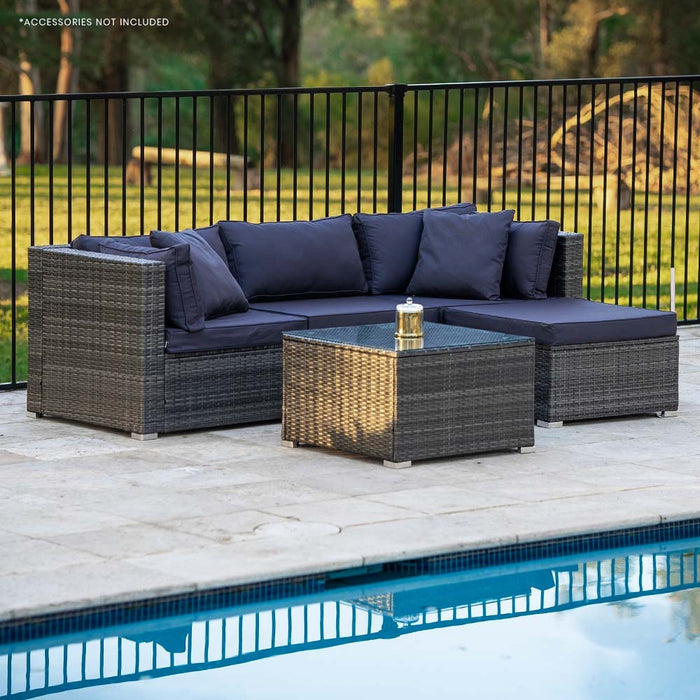 RATTAN 4 Seater Modular Outdoor Lounge Setting with Coffee Table, Ottoman, Grey