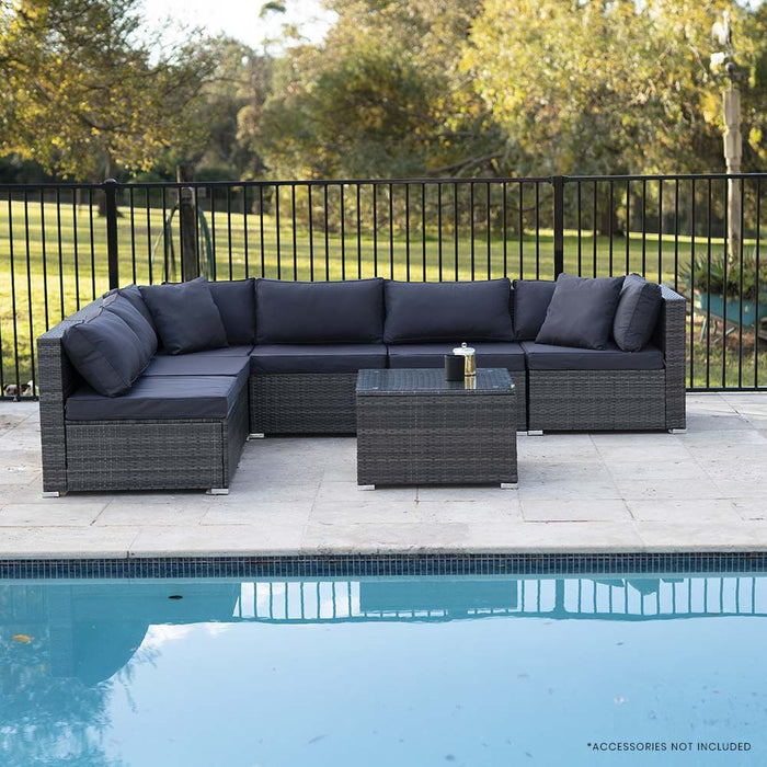 RATTAN 7 Piece 6 Seater Modular Outdoor Lounge Setting with Coffee Table, Grey