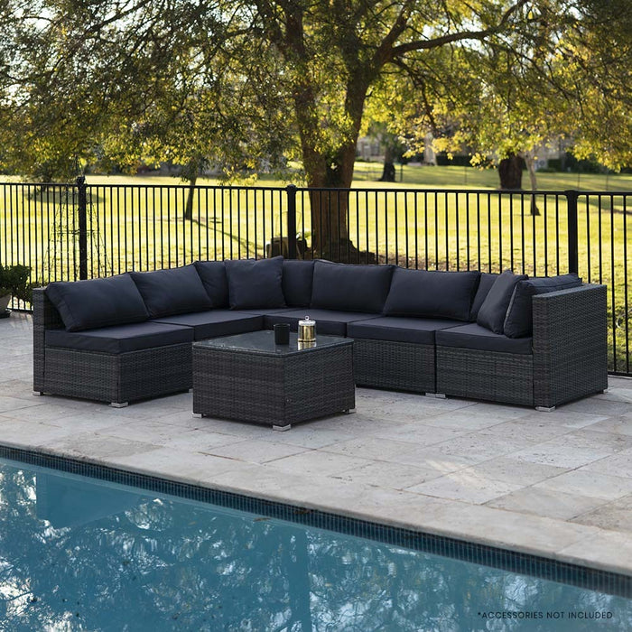 RATTAN 7 Piece 6 Seater Modular Outdoor Lounge Setting with Coffee Table, Grey