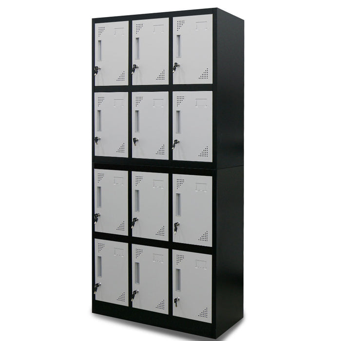 12-Door Metal Storage Locker Cabinet Gym Office Lockers Compartment, Black & Light Grey