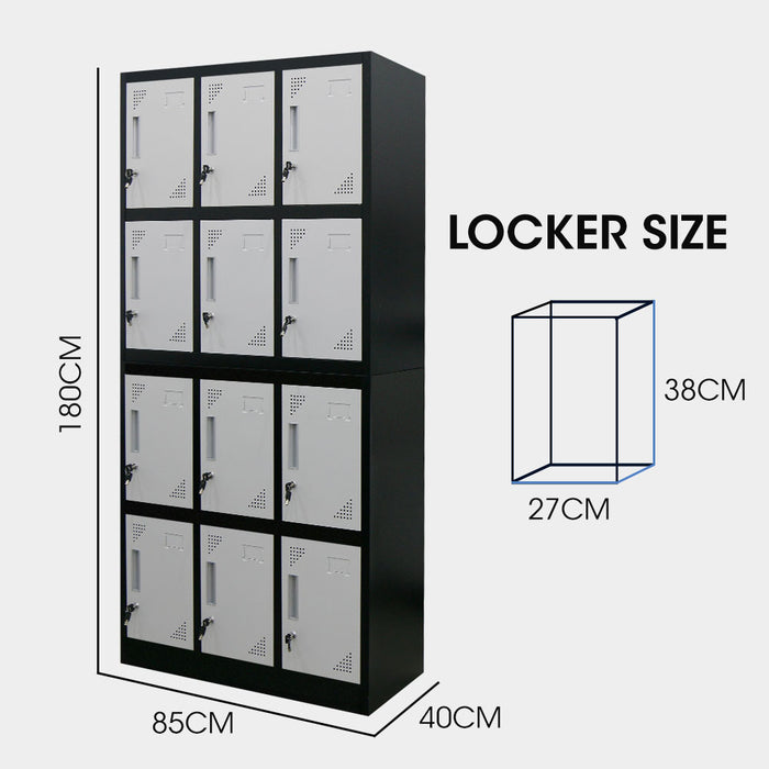 12-Door Metal Storage Locker Cabinet Gym Office Lockers Compartment, Black & Light Grey