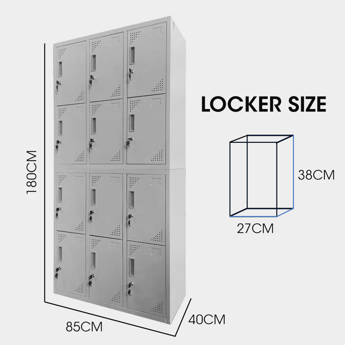 12 Doors Locker Cabinet Metal Storage Gym Home Office School - Light Grey