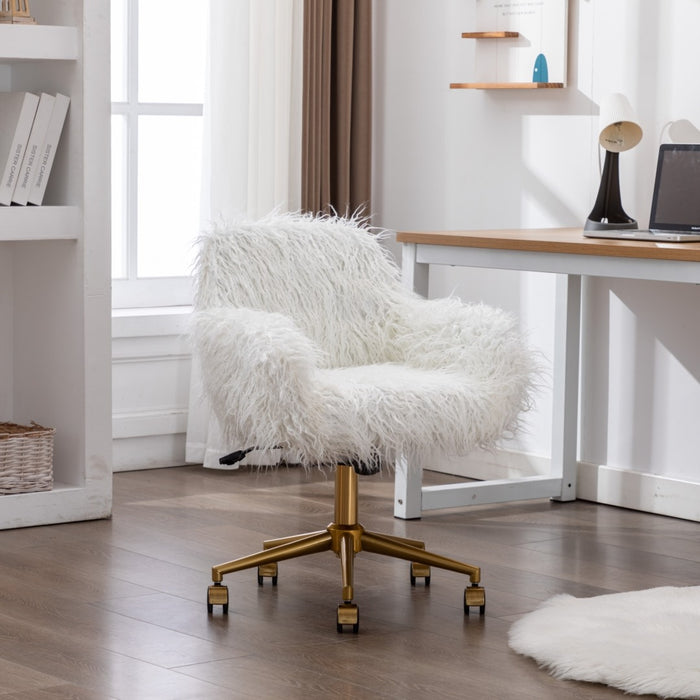 Fluffy Office Chair Faux Fur Modern Swivel Desk Chair for Women And Girls-White