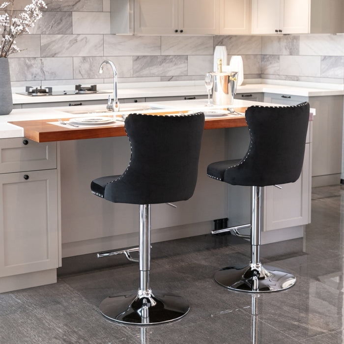 4x Height Adjustable Swivel Bar Stool Velvet Studs Barstool with Footrest and Chromed Base- Black