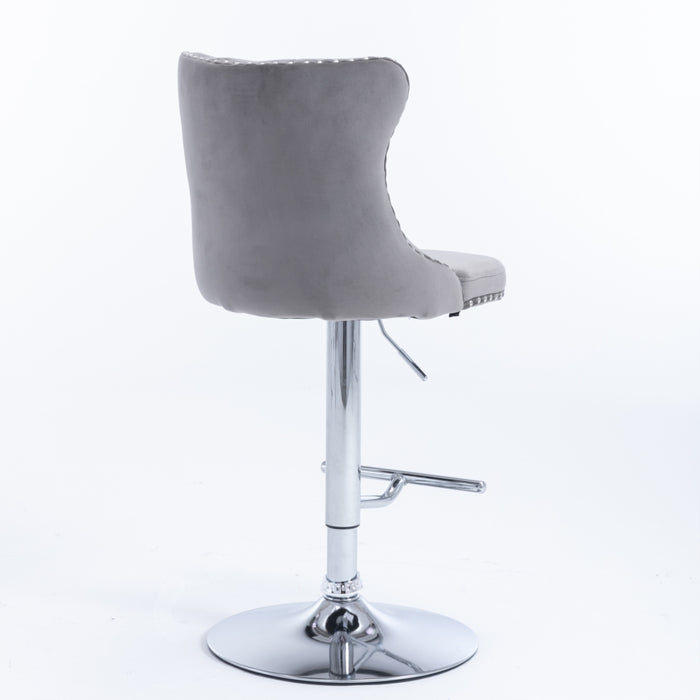 4x Height Adjustable Swivel Bar Stool Velvet Stud Barstool with Footrest and Chromed Base- Gray