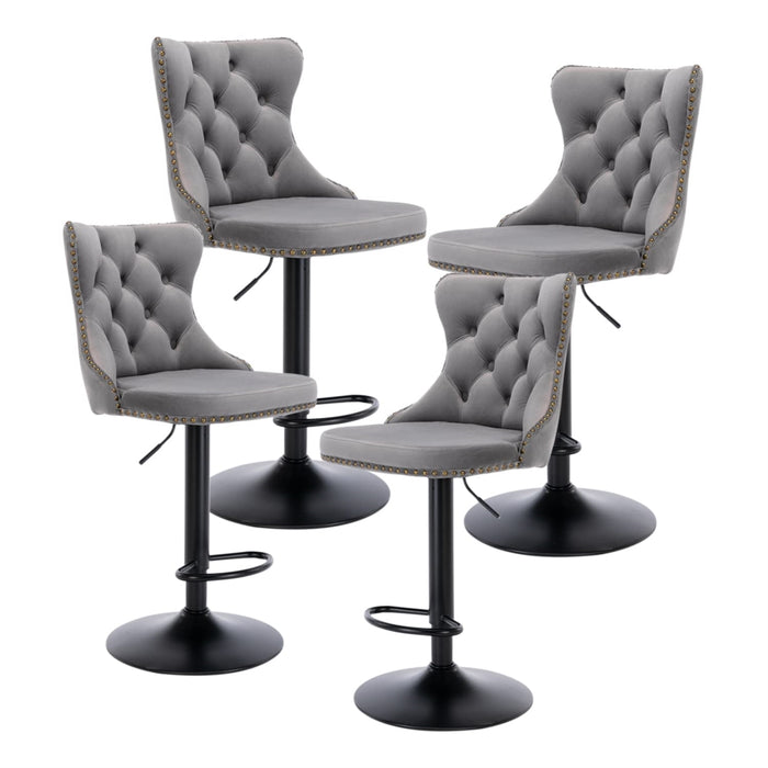 4x Height Adjustable Swivel Bar Stool Velvet Nailhead Barstool with Footrest