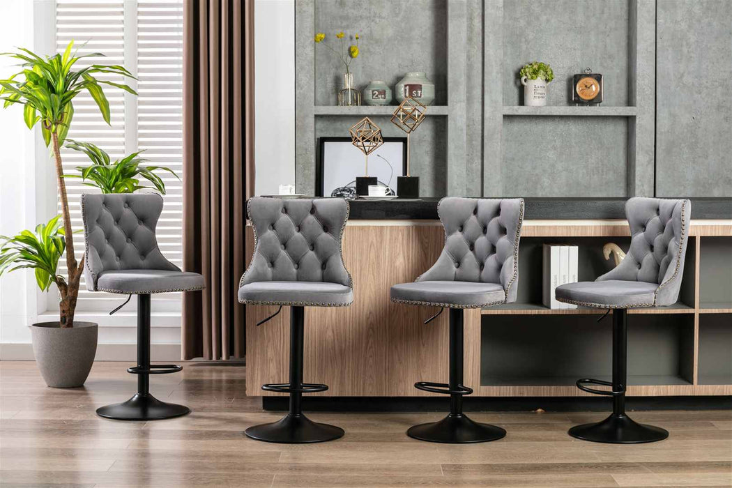 4x Height Adjustable Swivel Bar Stool Velvet Nailhead Barstool with Footrest