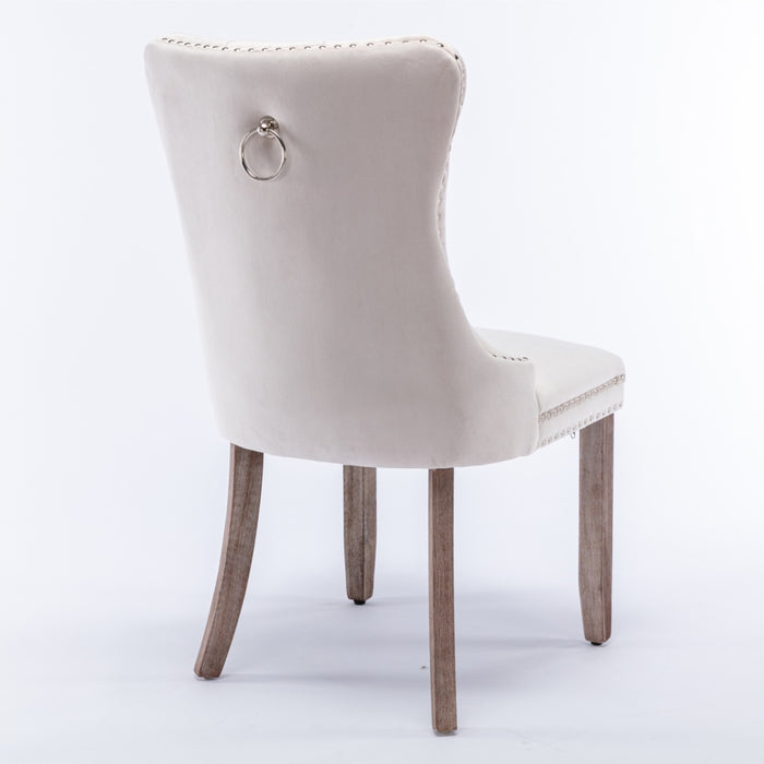 4x Velvet Dining Chairs Upholstered Tufted Kithcen Chair with Solid Wood Legs Stud Trim and Ring-Beige