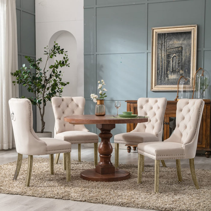 6x Velvet Dining Chairs Upholstered Tufted Kithcen Chair with Solid Wood Legs Stud Trim and Ring-Beige