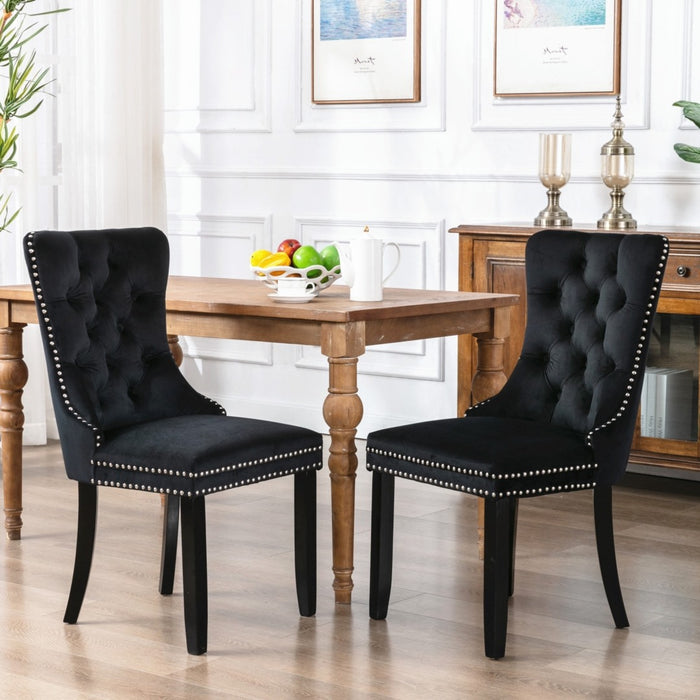 4x Velvet Dining Chairs Upholstered Tufted Kithcen Chair with Solid Wood Legs Stud Trim and Ring-Black