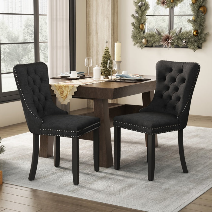 6x Velvet Dining Chairs Upholstered Tufted Kithcen Chair with Solid Wood Legs Stud Trim and Ring-Black