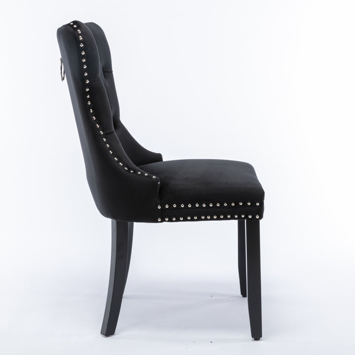 8x Velvet Dining Chairs Upholstered Tufted Kithcen Chair with Solid Wood Legs Stud Trim and Ring-Black