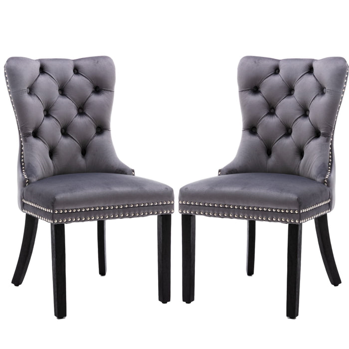 6x Velvet Dining Chairs Upholstered Tufted Kithcen Chair with Solid Wood Legs Stud Trim and Ring-Gray