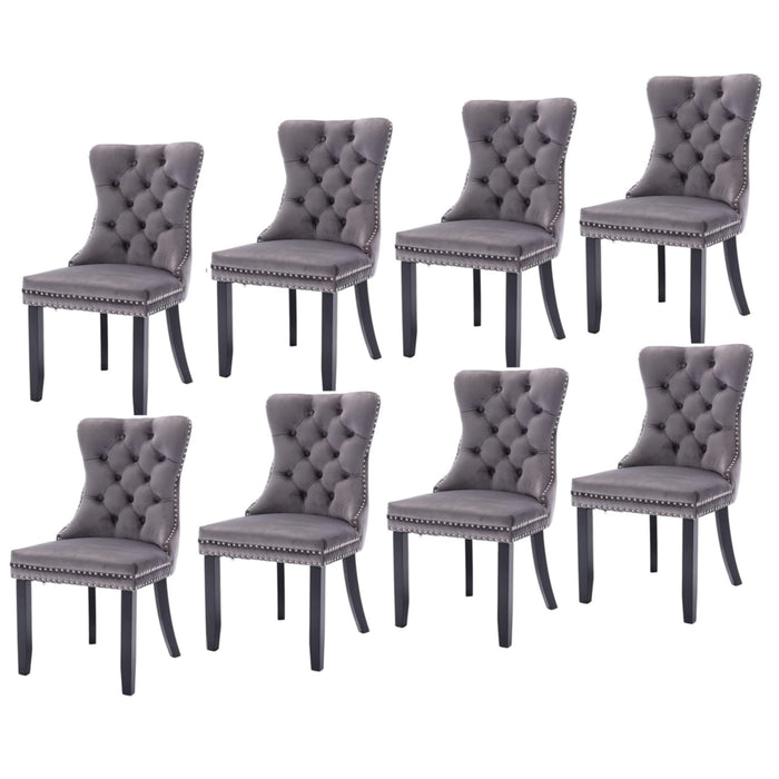 8x Velvet Dining Chairs Upholstered Tufted Kithcen Chair with Solid Wood Legs Stud Trim and Ring-Gray