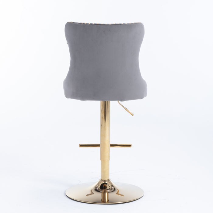 4x Height Adjustable Swivel Bar Stool Velvet Studs Barstool with Footrest and Golden Base- Grey