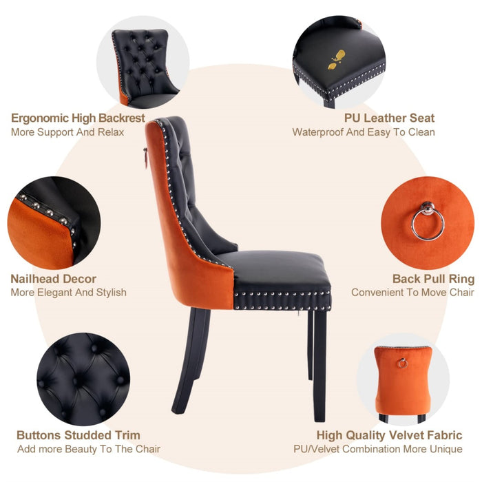 2x PU Faux Leather & Velvet Dining Chairs-Black & Orange