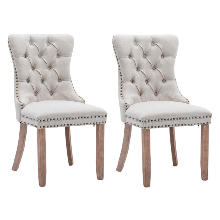 4x AADEN Modern Elegant Button-Tufted Upholstered Linen Fabric with Studs Trim and Wooden legs Dining Side Chair-Beige