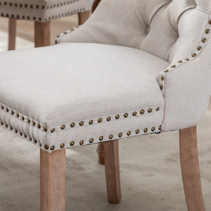 4x AADEN Modern Elegant Button-Tufted Upholstered Linen Fabric with Studs Trim and Wooden legs Dining Side Chair-Beige