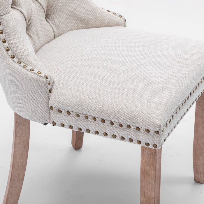 4x AADEN Modern Elegant Button-Tufted Upholstered Linen Fabric with Studs Trim and Wooden legs Dining Side Chair-Beige