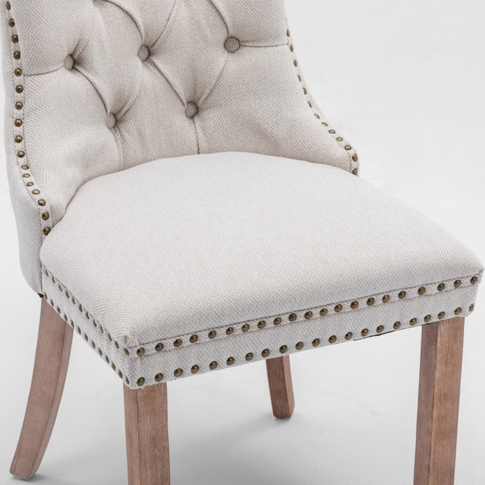 6x AADEN Modern Elegant Button-Tufted Upholstered Linen Fabric with Studs Trim and Wooden legs Dining Side Chair-Beige