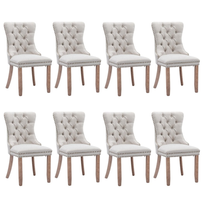 8x AADEN Modern Elegant Button-Tufted Upholstered Linen Fabric with Studs Trim and Wooden legs Dining Side Chair-Beige