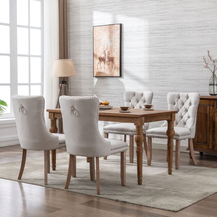 AADEN Modern Elegant Button-Tufted Upholstered Linen Fabric with Studs Trim and Wooden legs Dining Side Chair-Beige