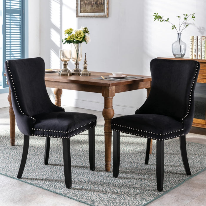 6x Velvet Upholstered Dining Chairs Tufted Wingback Side Chair with Studs Trim Solid Wood Legs for Kitchen