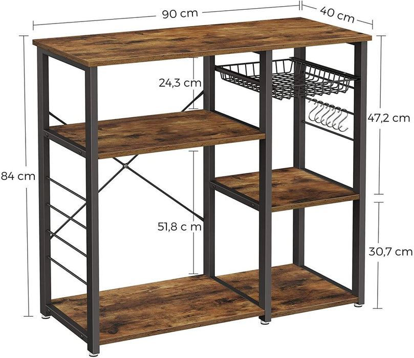 Baker's Rack Kitchen Shelf with Steel Frame Wire Basket and 6 Hooks Rustic Brown and Black KKS90X