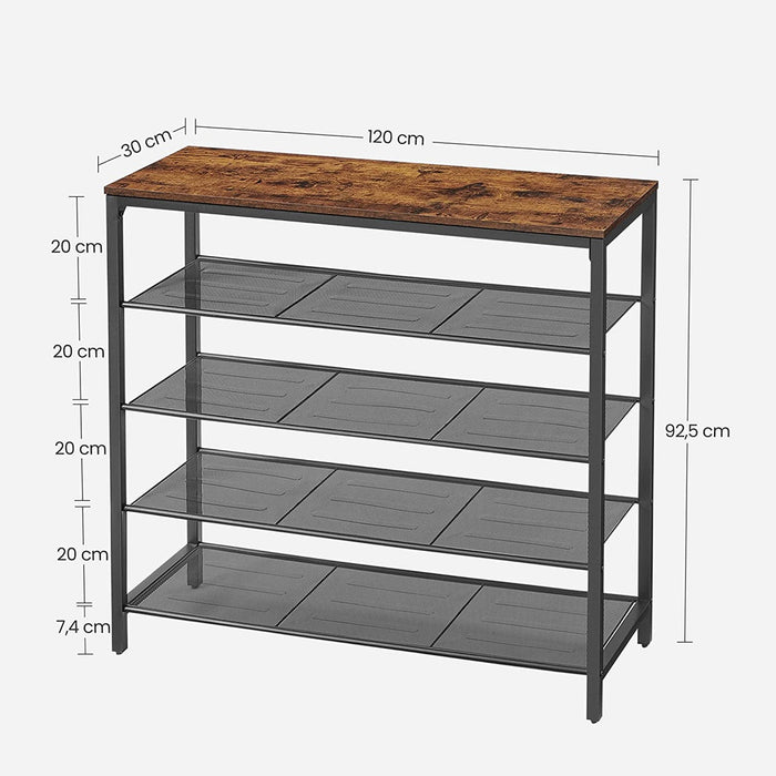 Shoe Rack Shoe Storage Organiser with 4 Mesh Shelves Rustic Brown and Black LBS205B01