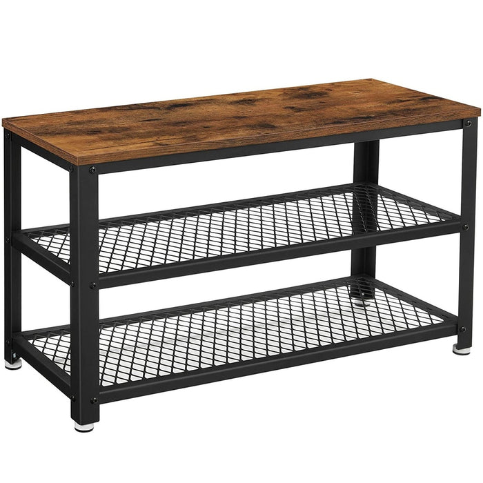 Shoe Bench with Seat Shoe Rack with 2 Mesh Shelves Rustic Brown and Black LBS73X