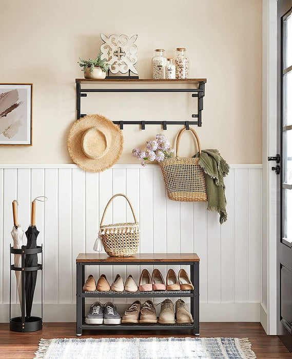 Shoe Bench with Seat Shoe Rack with 2 Mesh Shelves Rustic Brown and Black LBS73X