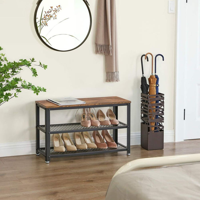 Shoe Bench with Seat Shoe Rack with 2 Mesh Shelves Rustic Brown and Black LBS73X